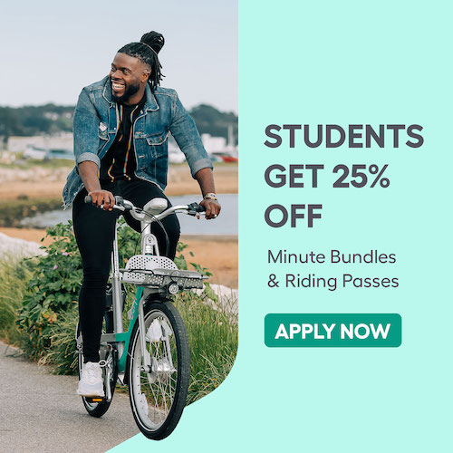 Man riding a pedal bike on a cycle path, text says students get 25% off 