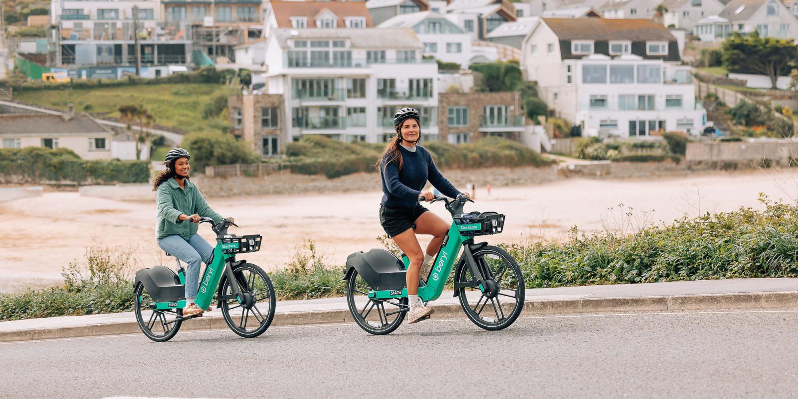 Riders enjoying Beryl e-bikes by the Cornish coastline