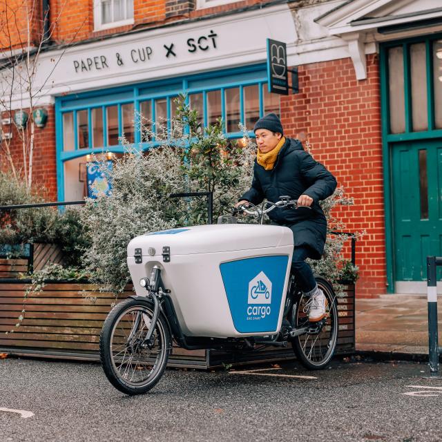Beryl Cargo Bike Share user riding in London
