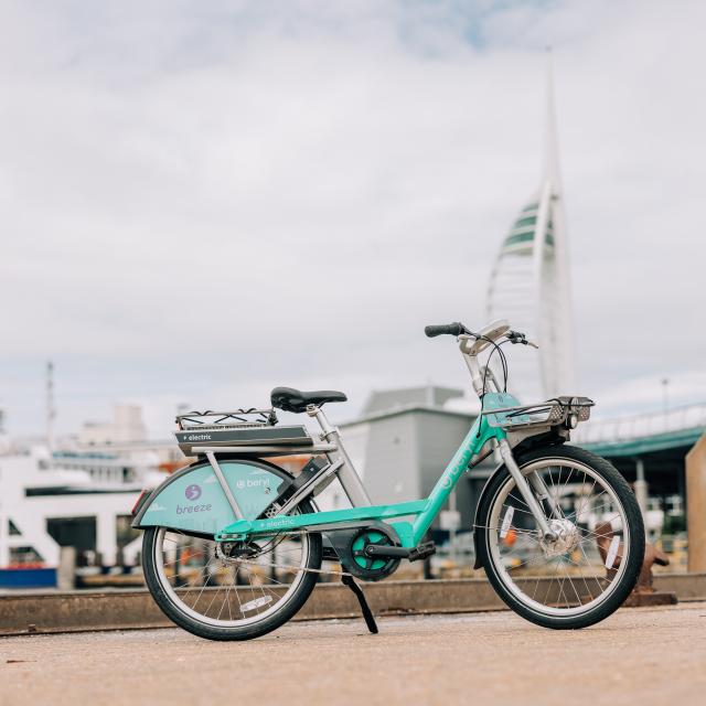 Beryl bike in front of Spinnaker Tower in Portsmouth