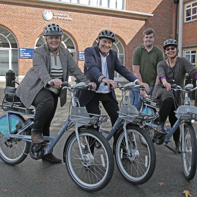 From left to right,Worcester City Councillor Elena Round, Professor David Green CBE DL, the University’s Vice Chancellor and Chief Executive, Elliot Atkinson, Vice President Education of Worcester Students’ Union, and Katy Boom, Director of Sustainability at the University.