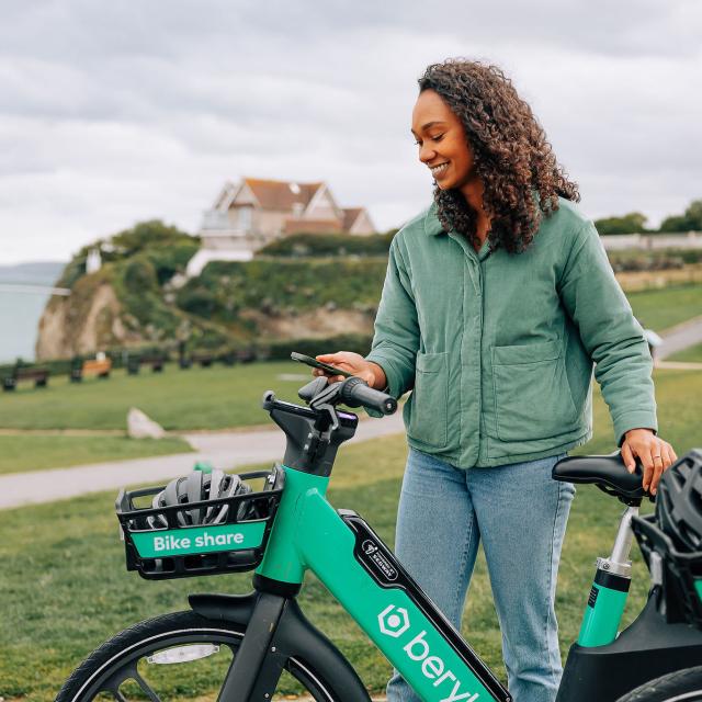 Beryl e-bike rider in Cornwall stood with e-bike