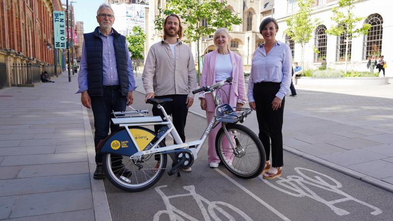Caption (L-R): David Miller from Leeds Cycling Campaign; Philip Ellis, CEO of Beryl; Tracy Brabin, Mayor of West Yorkshire; and Cllr Helen Hayden, Executive Member for Infrastructure and Climate at Leeds City Council.