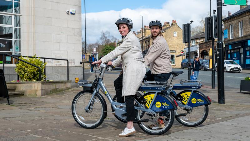 Cllr Helen Hayden and Phil Ellis on the new Leeds City Bikes bay in Chapel Allerton